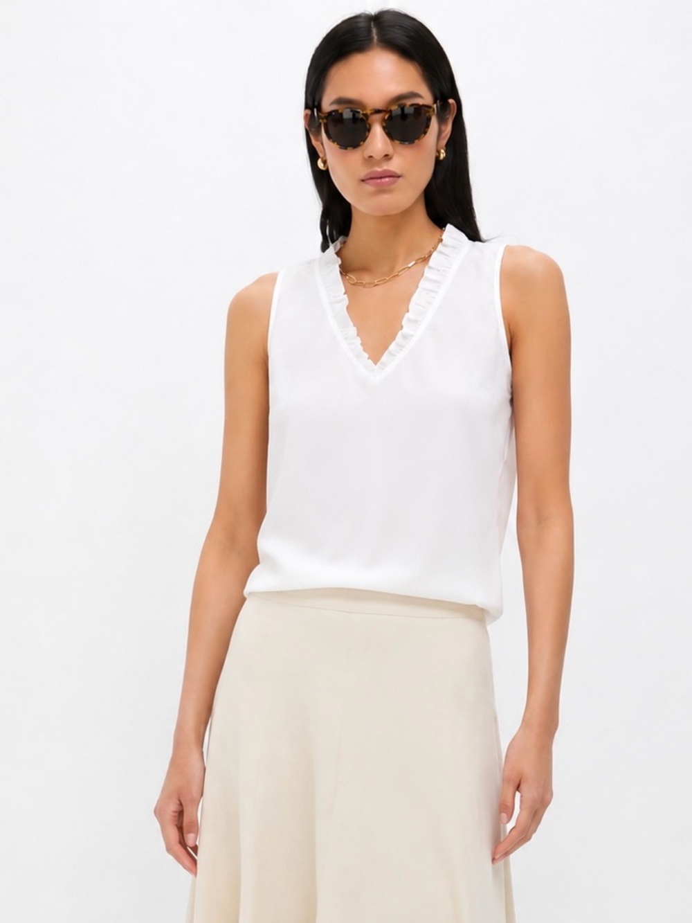 NWOT Whistles Lightweight Crepe V-Neck Sleeveless Top w/Frill at Neck | US 4